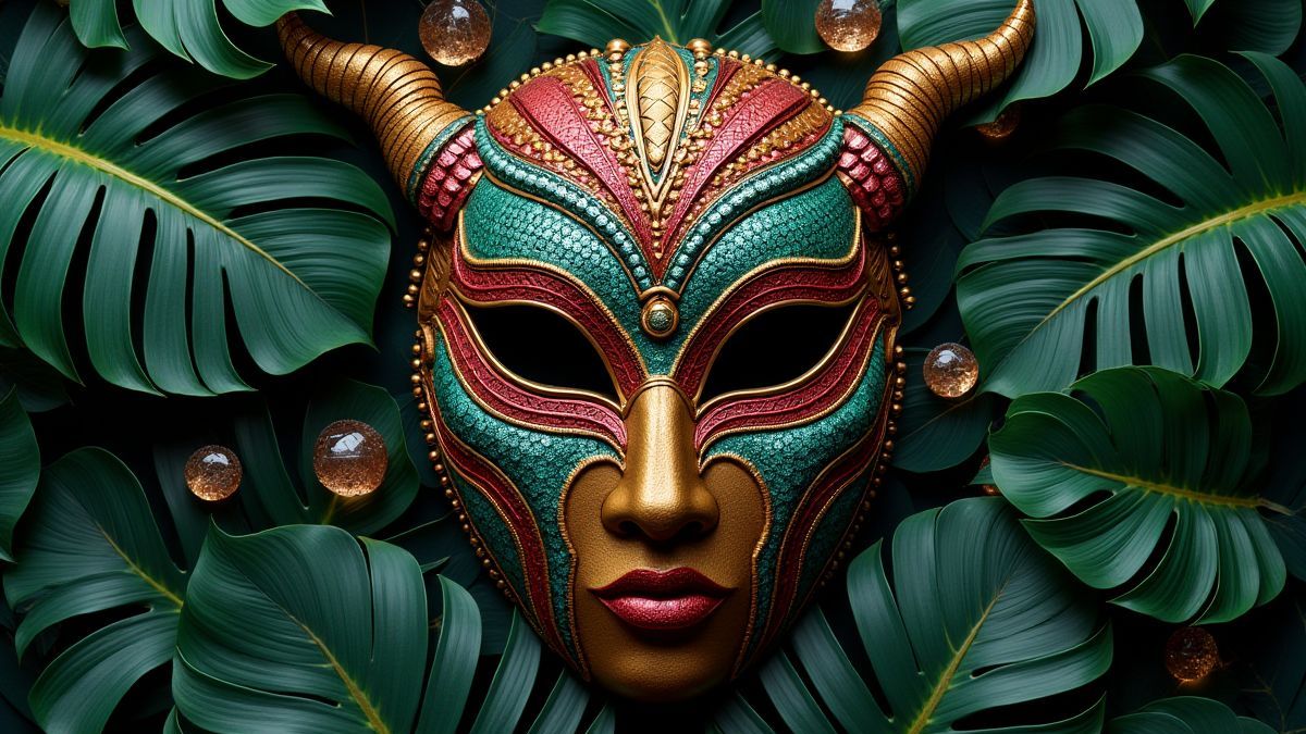 Una máscara tribal rodeada de vegetación selvática y tesoros brillantes.