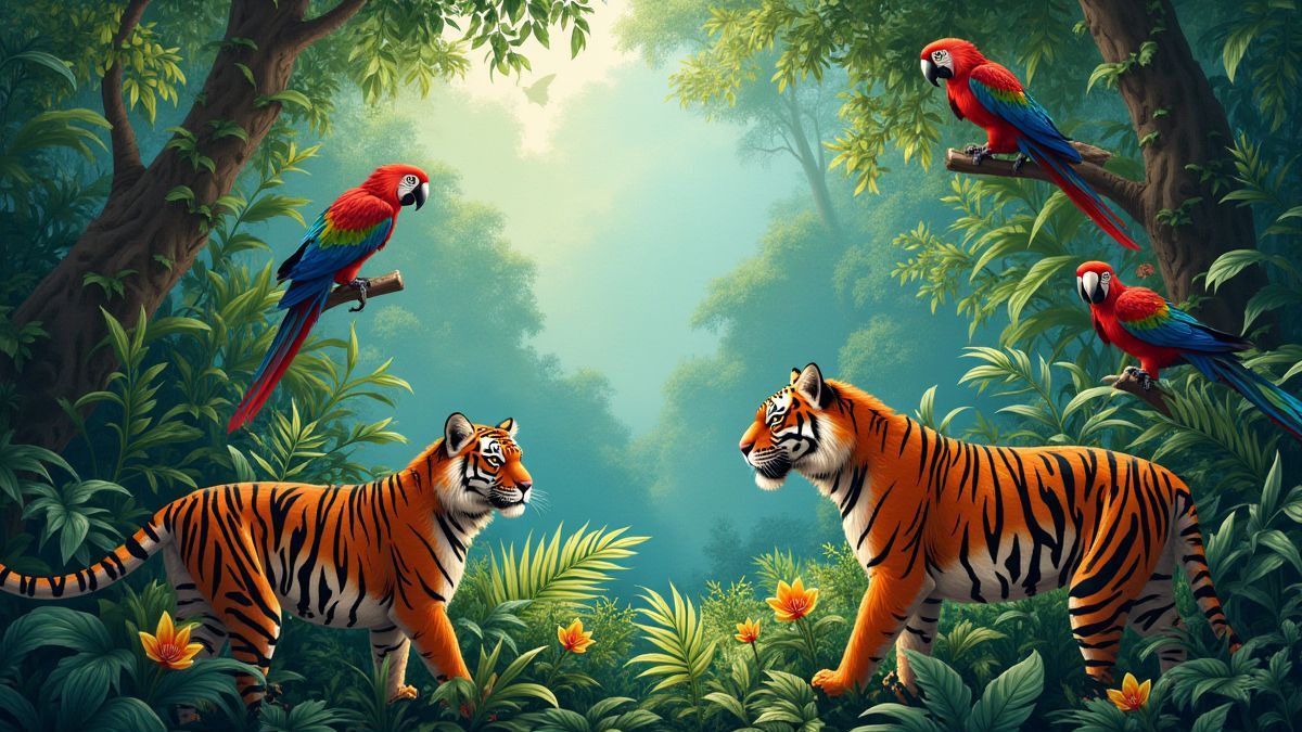 Escena de jungla con loros y tigres entre una vegetación vibrante.