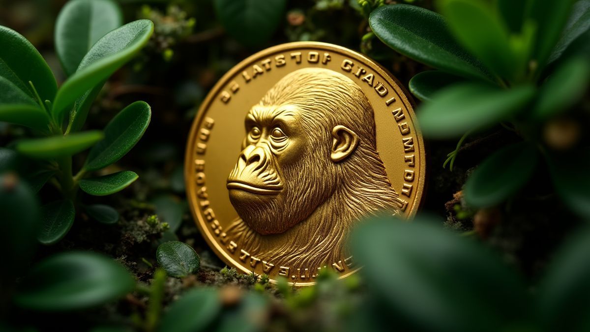 Moneda dorada de gorila rodeada de plantas de la jungla.