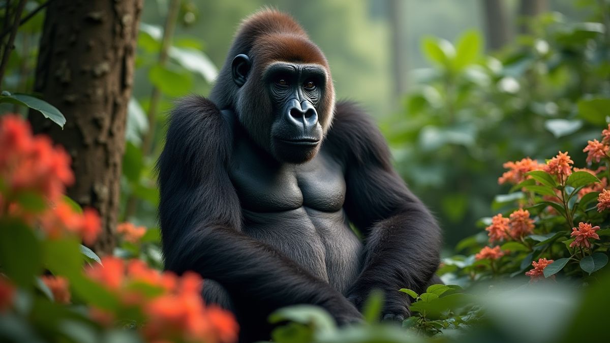 Un gorila sentado tranquilamente en la jungla rodeado de plantas vibrantes.
