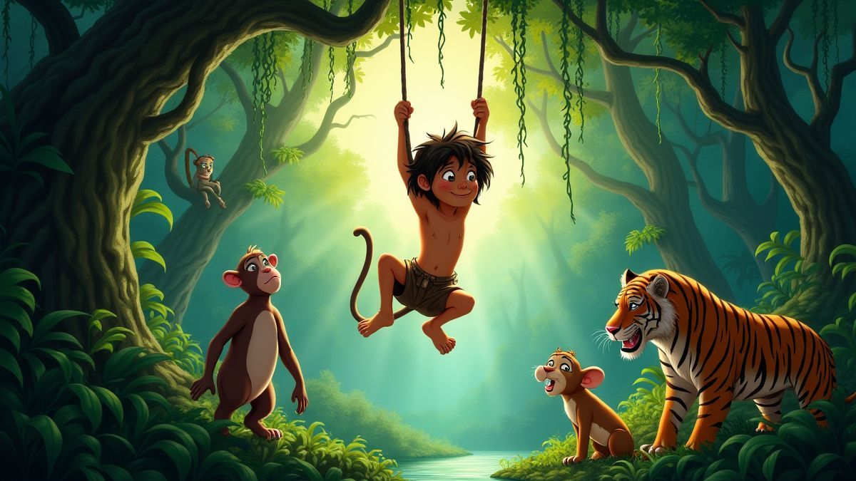 Junglescène met Mowgli en wilde dieren.