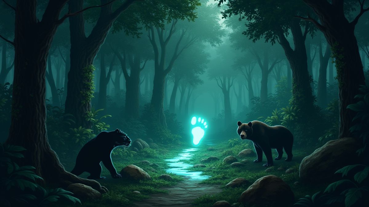 Una escena de jungla con árboles y animales como un oso y una pantera.