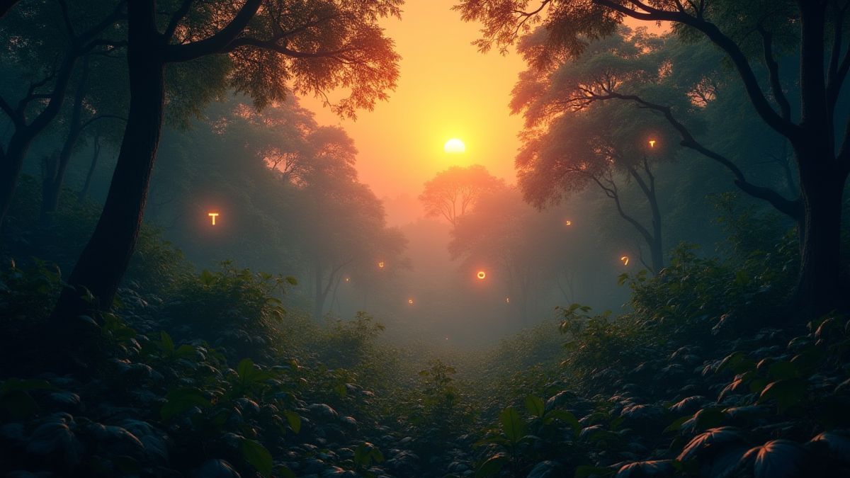 Una jungla al amanecer con símbolos brillantes entre la vegetación.