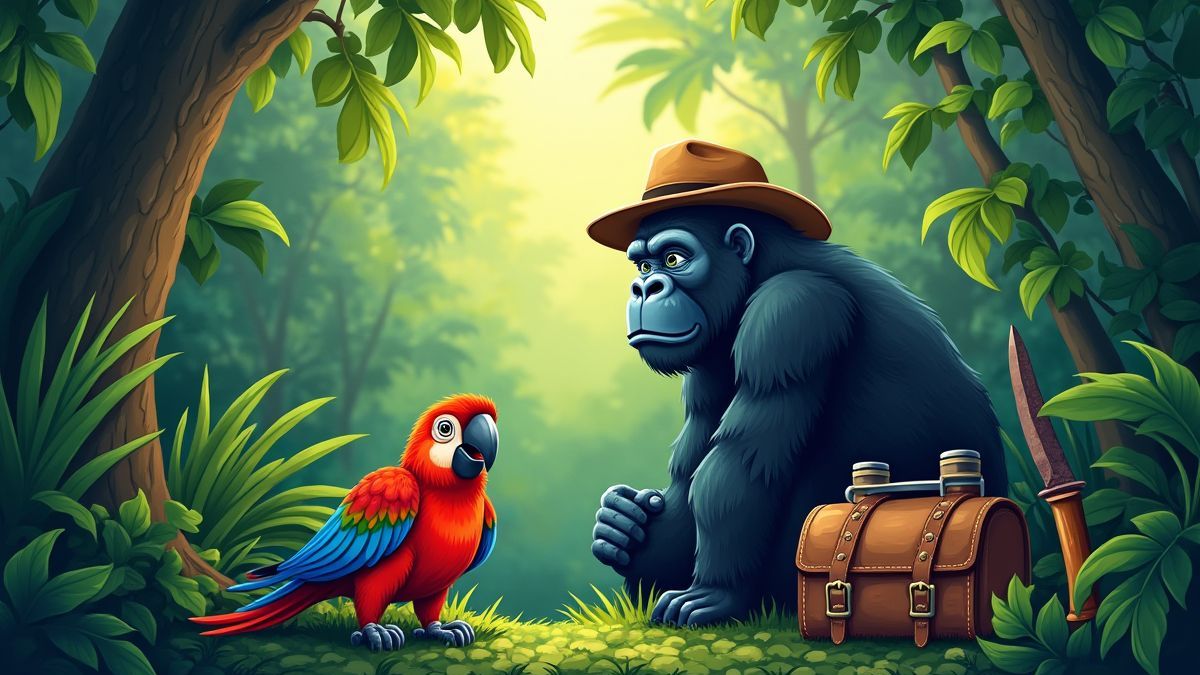 Cena de selva vibrante com animais e equipamento de exploração