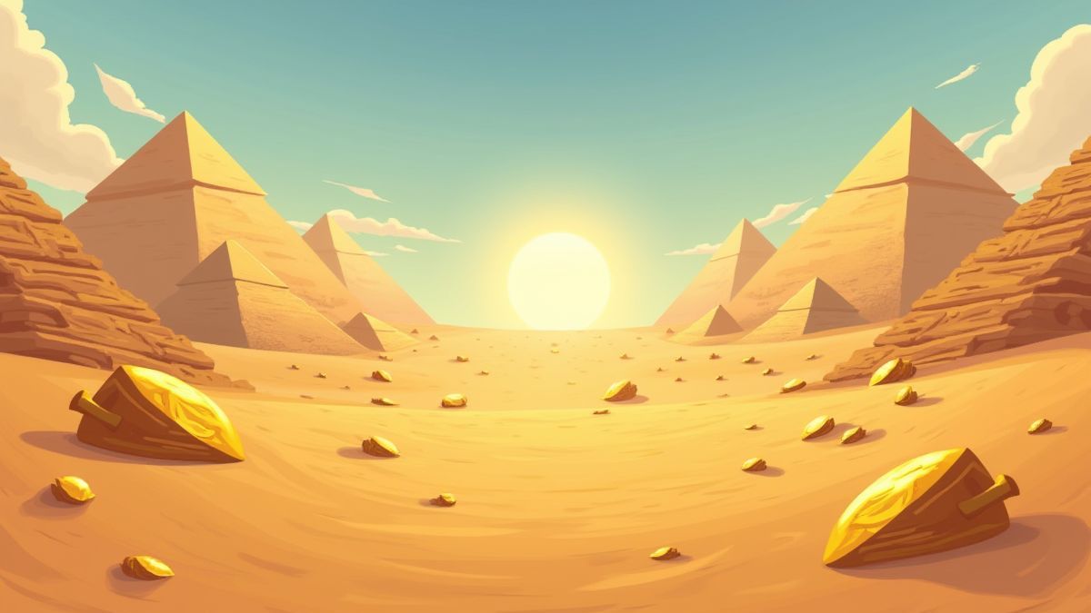 Animierte Szene der ägyptischen Wüste mit Pyramiden und goldenen Artefakten, die im Sand verstreut sind.