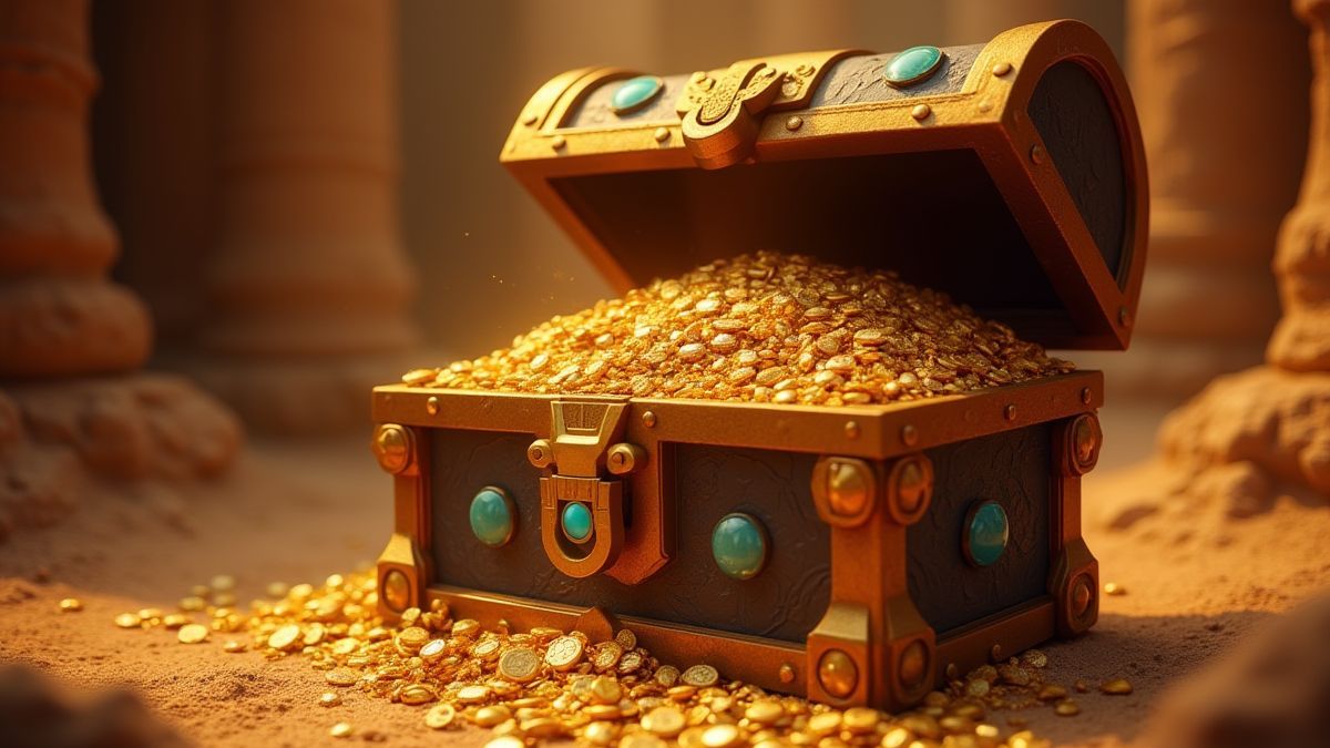 Ein Schatztruhe, die mit Gold und Juwelen in einem alten ägyptischen Umfeld überquillt.