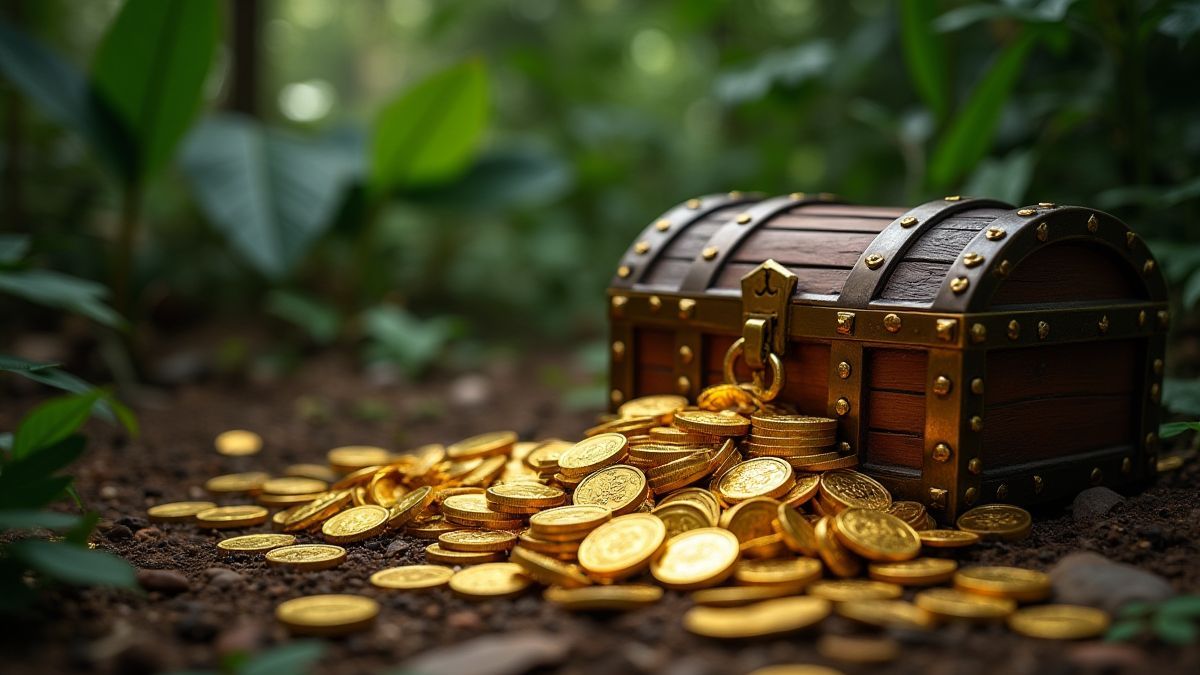 Monedas de oro y cofres del tesoro en el suelo de la jungla.