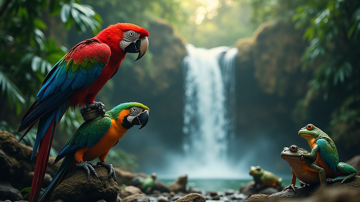 Scène van de jungle met ara's en kikkers bij een waterval.