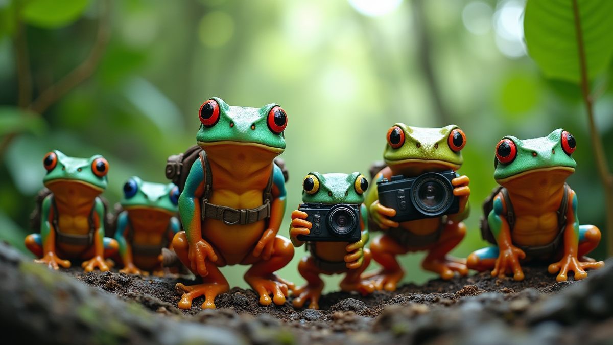 Groep kikkers die de jungle verkennen met camera's en rugzakken.