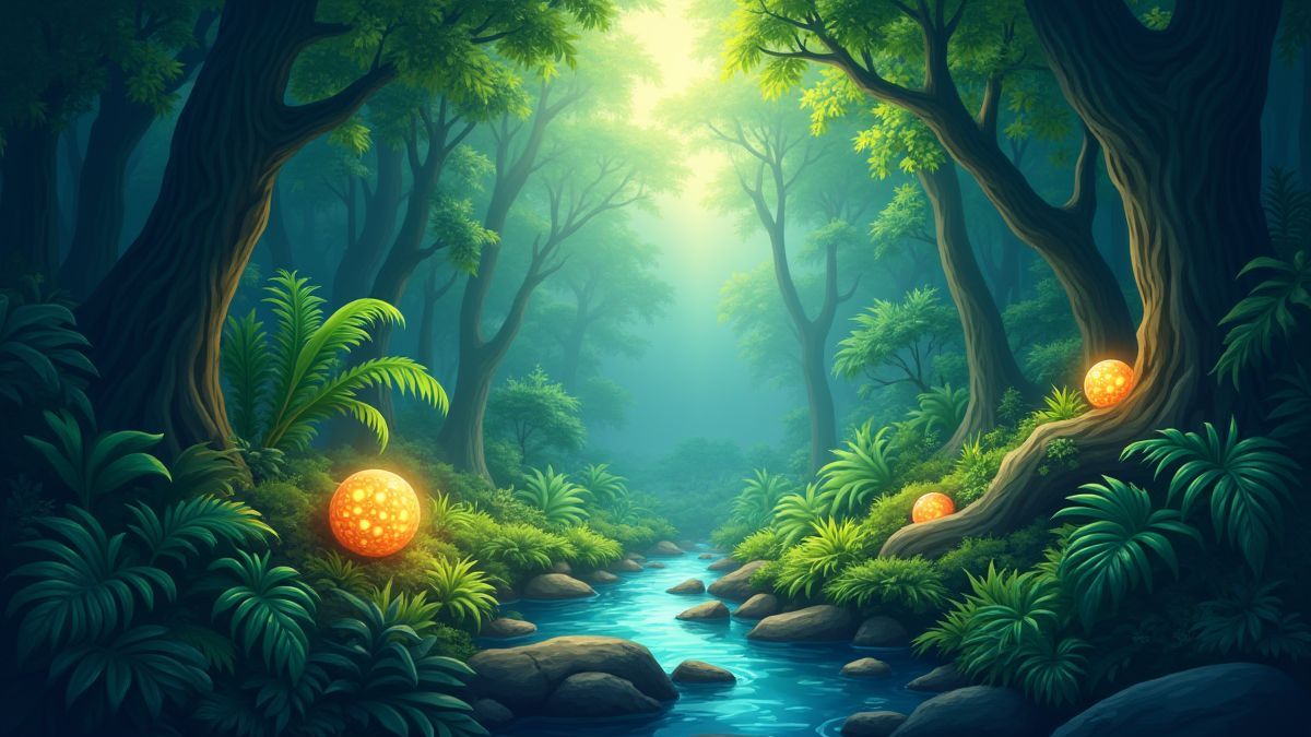 Una jungla con tesoros brillantes escondidos entre las hojas.