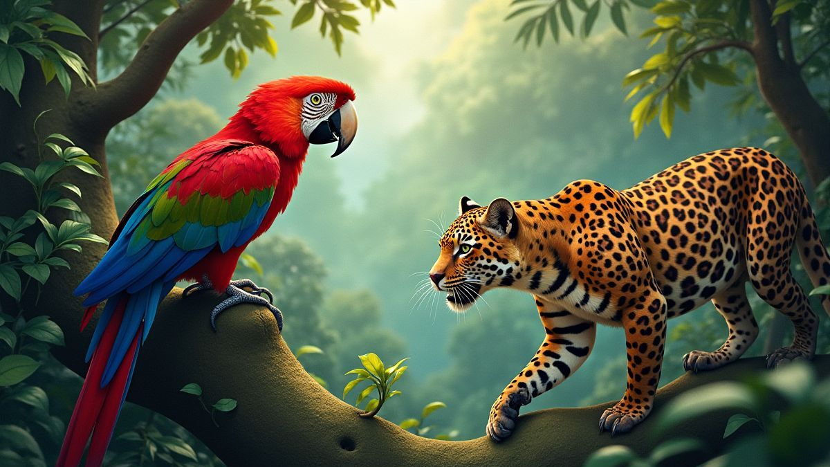 Loros y jaguares en una jungla antigua.