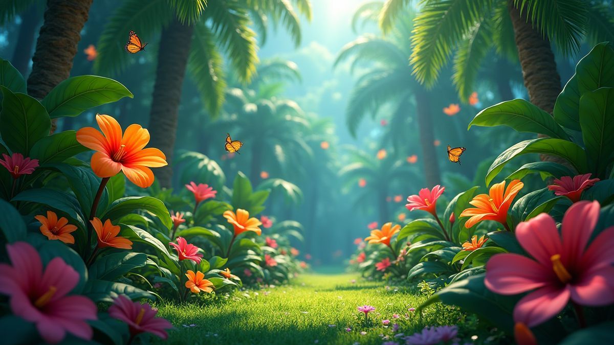 A tropical jungle with colorful flowers and butterflies.
