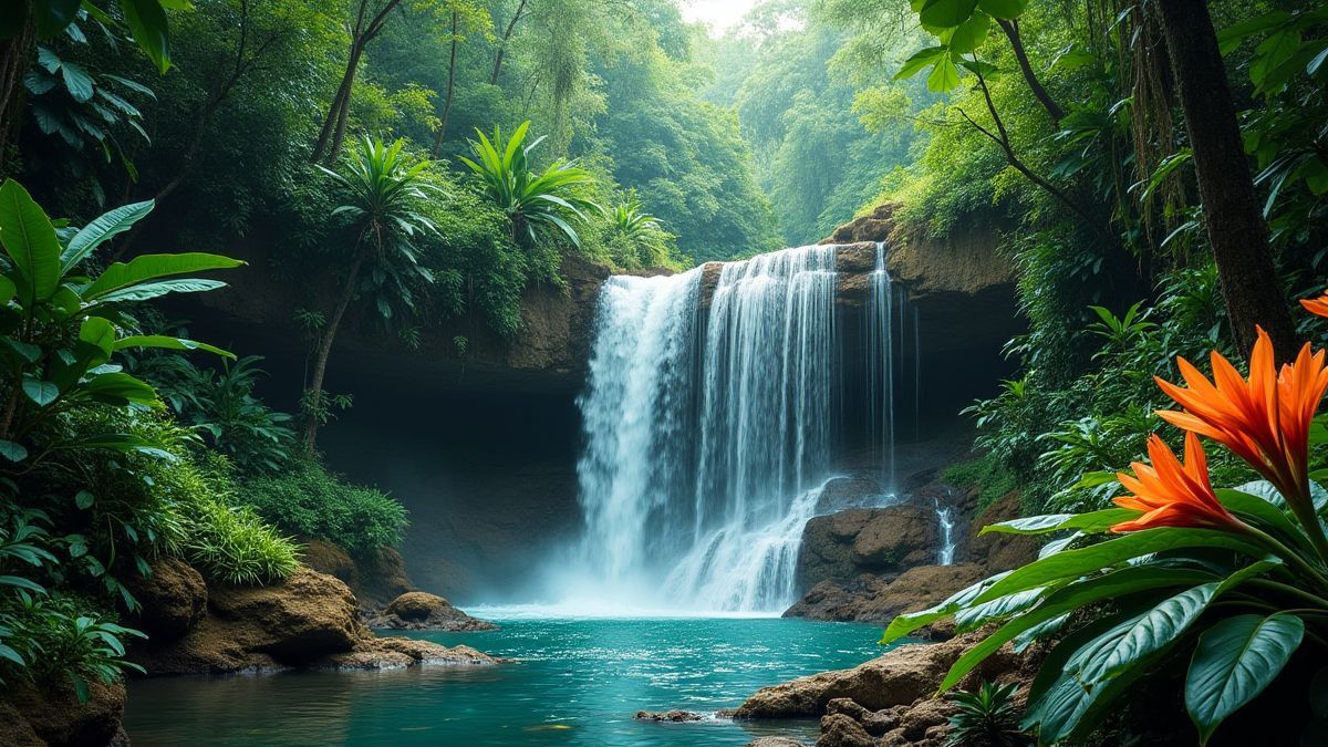 Waterfall surrounded by vegetation and tropical flowers.