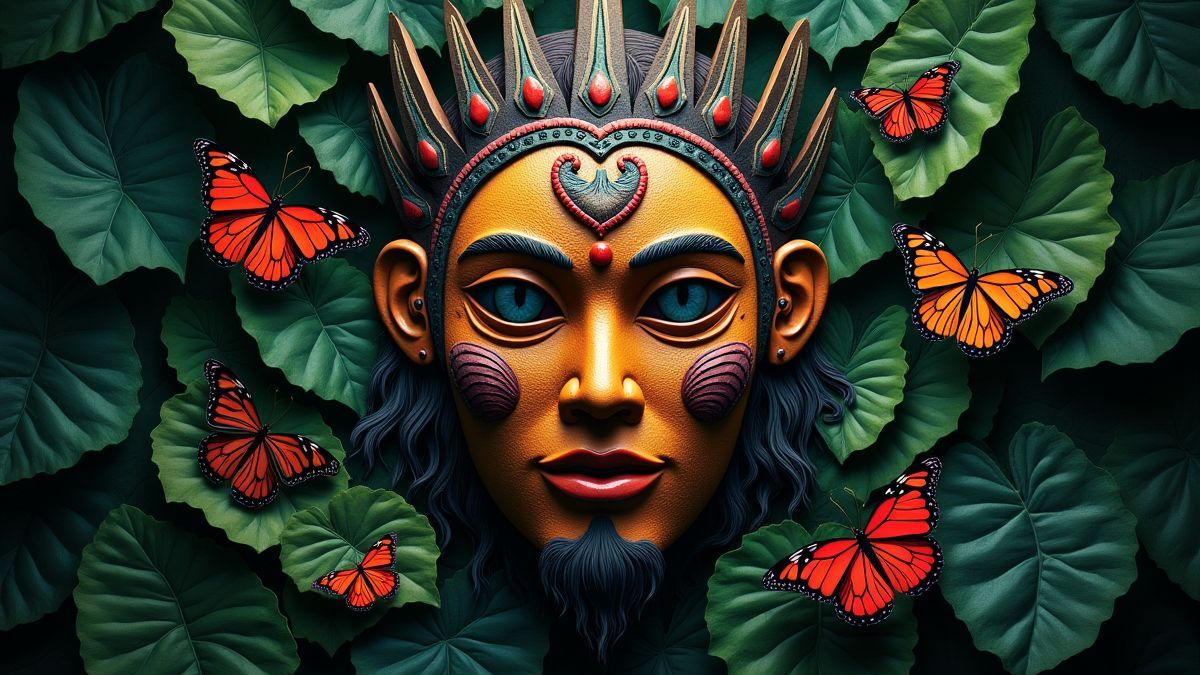 Tribal mask surrounded by vegetation and colorful butterflies.