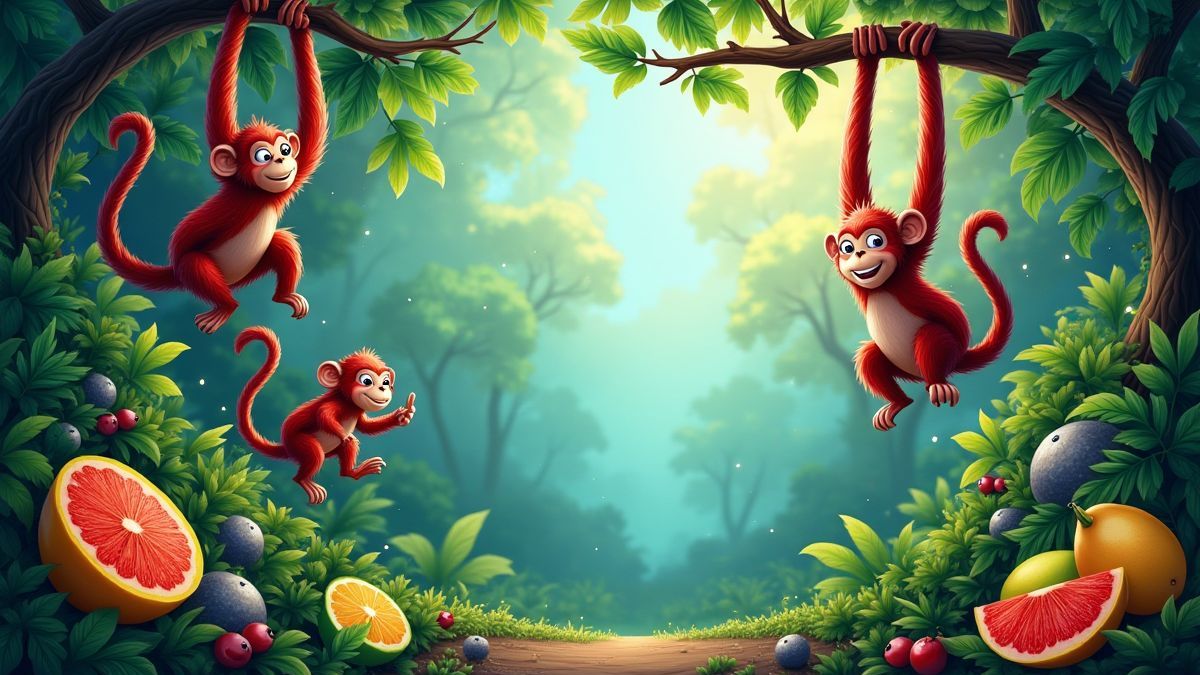 Monos columpiándose entre lianas en una jungla tropical con frutas exóticas.