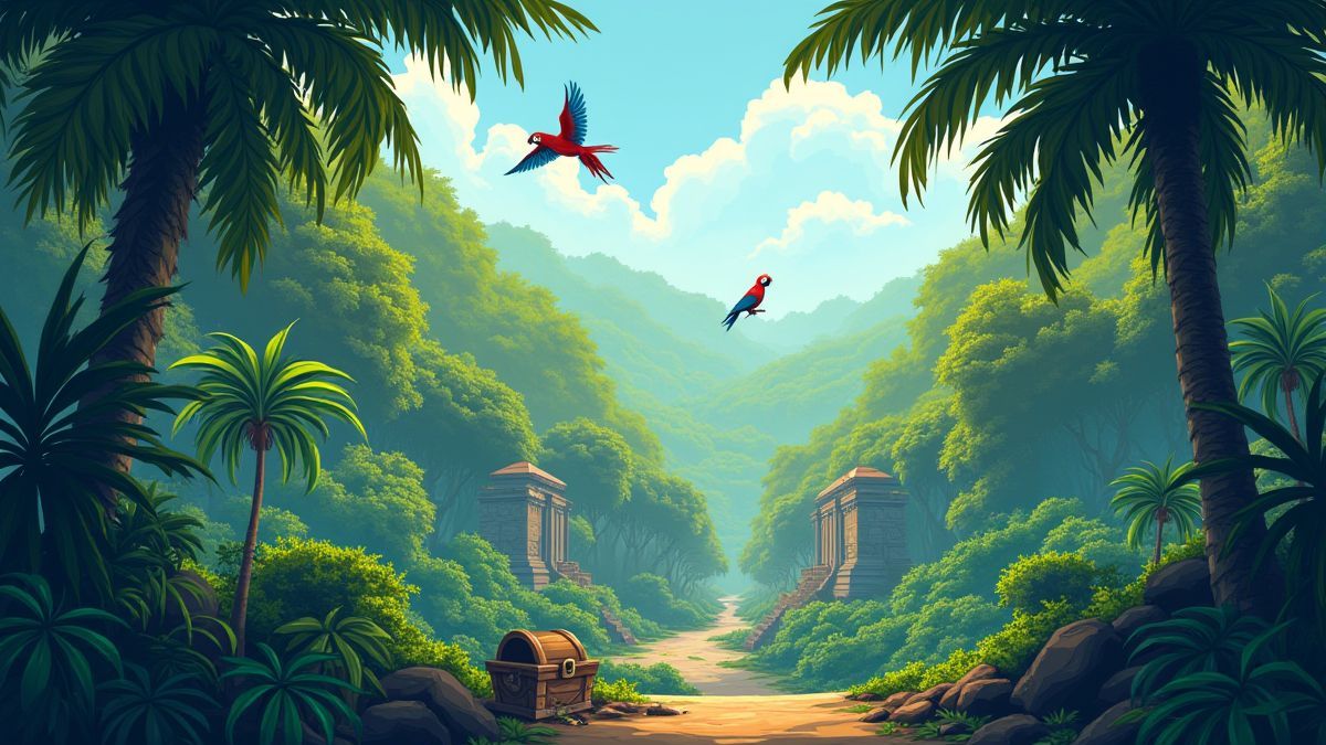 Una ilustración de una selva con árboles vibrantes y cofres del tesoro escondidos.