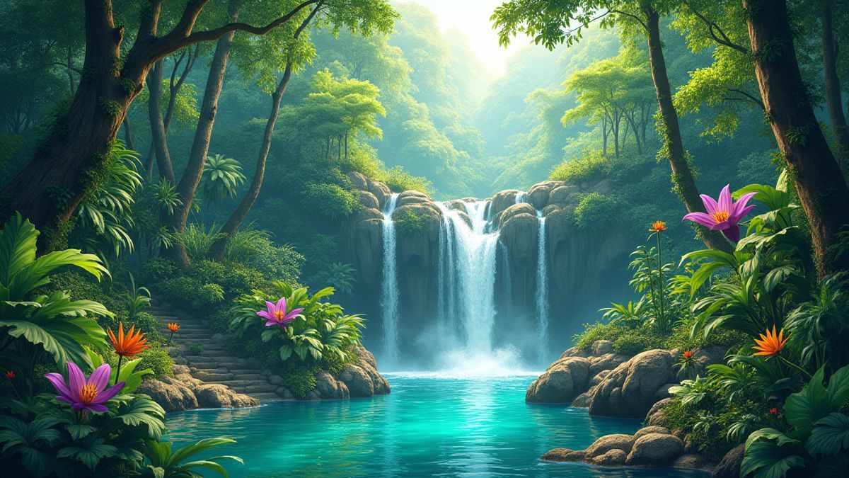 Una jungla exuberante con plantas vibrantes y animales exóticos.