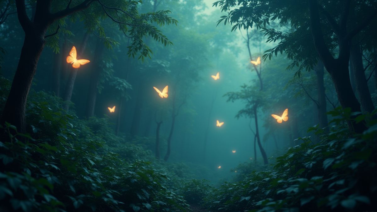 Imagen de una jungla densa con mariposas brillantes.