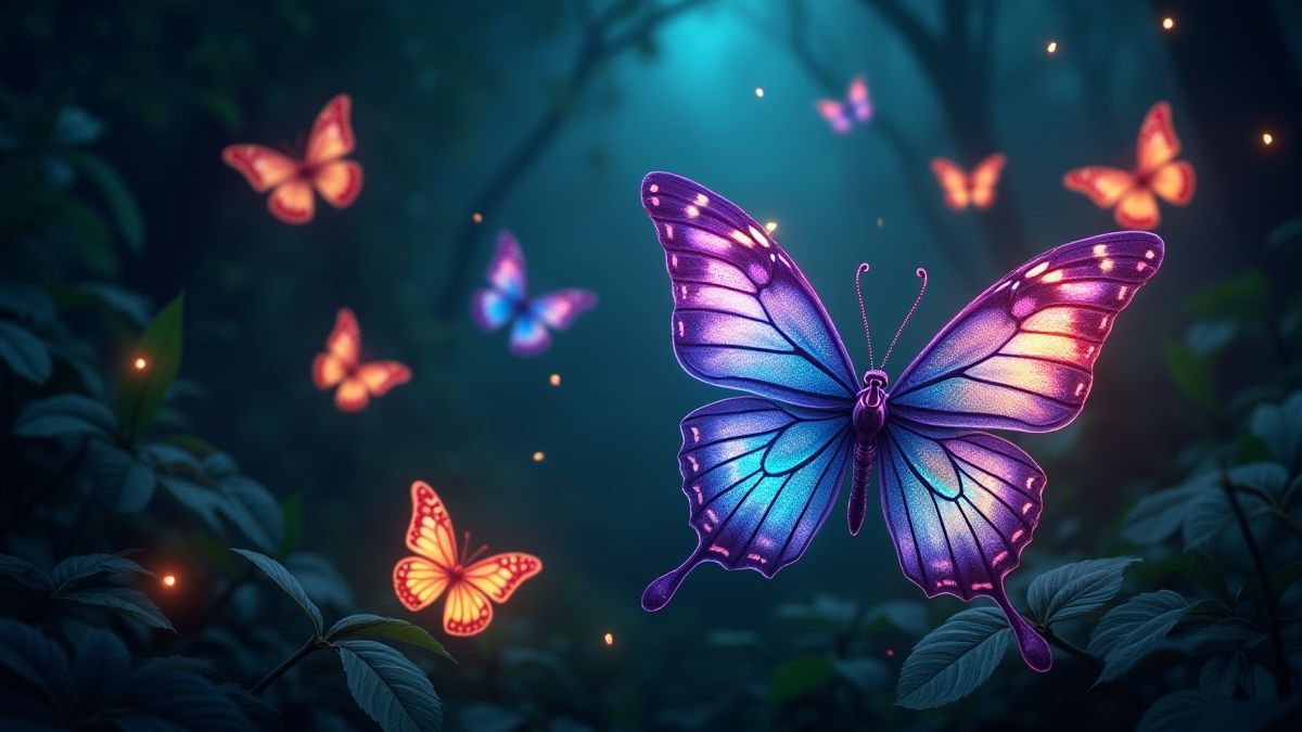 Mariposas brillantes alrededor de los símbolos de la tragamonedas en la jungla.