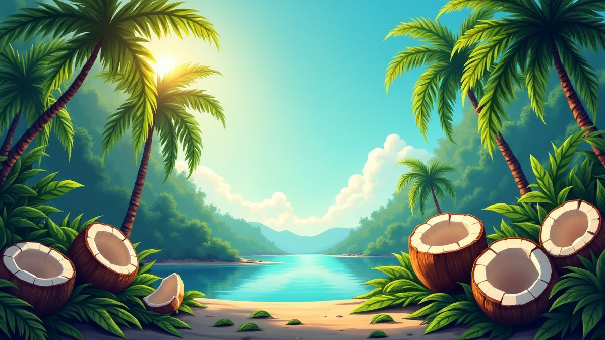 Kokosnoten hangend boven de rollen in een levendige jungleomgeving.