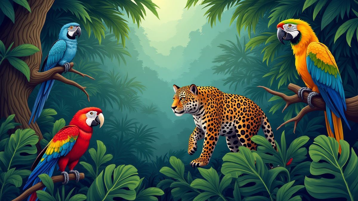 Animales exóticos como loros y jaguares en una jungla densa.