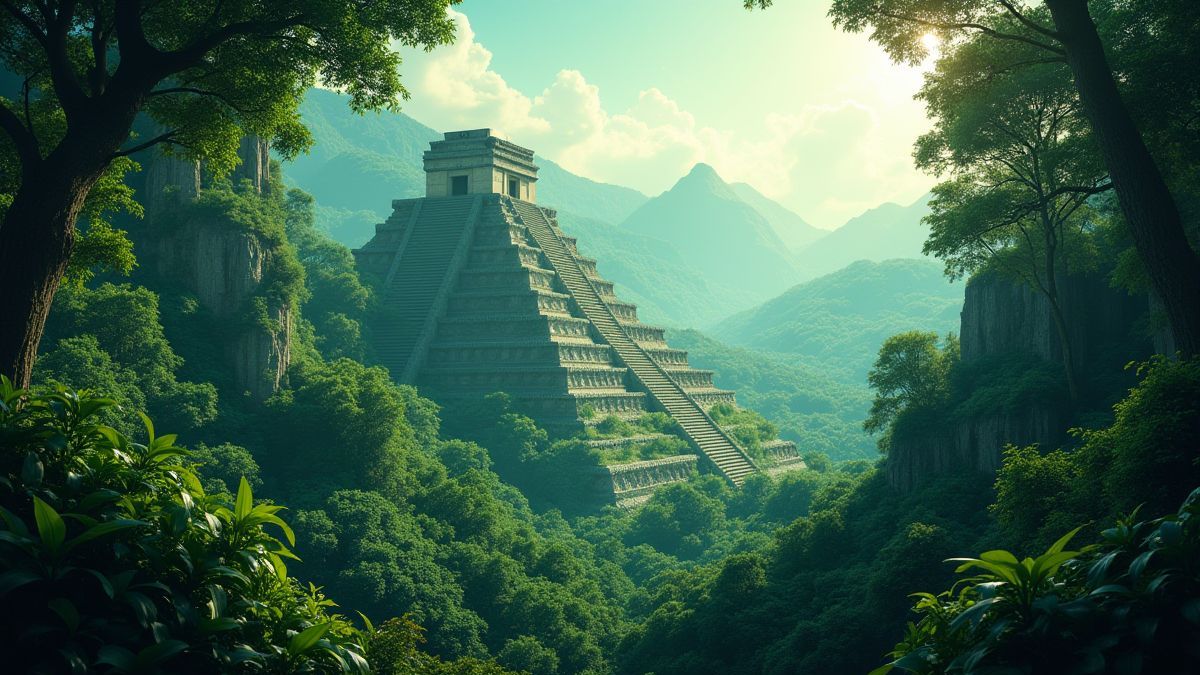 Escenario de jungla con pirámides antiguas escondidas entre la vegetación.