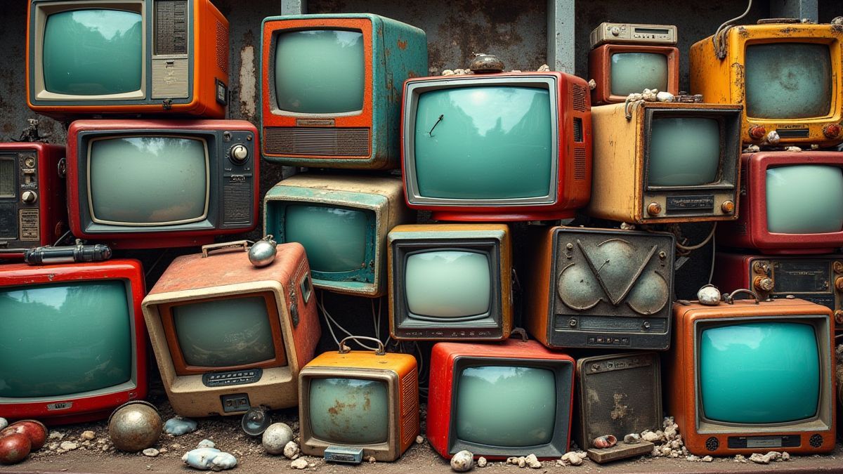 A pile of vintage and electronic objects in a scrapyard