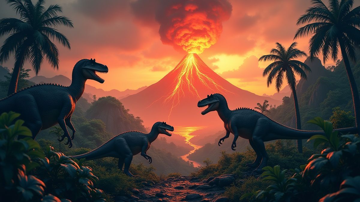 Jungla prehistórica con dinosaurios y un volcán en erupción.