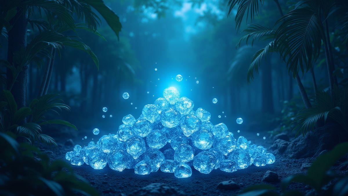 Montón de diamantes brillando en una jungla prehistórica.