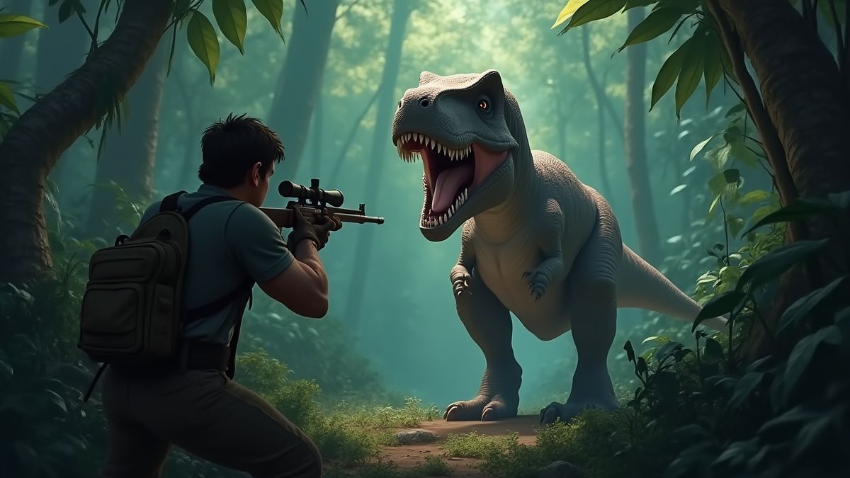 A hunter aiming at a T-Rex in a prehistoric jungle.