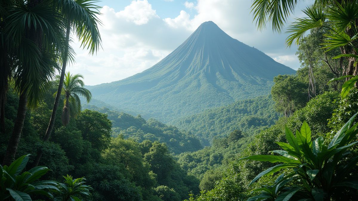 Uma selva pré-histórica com vegetação exuberante e um vulcão ao fundo.