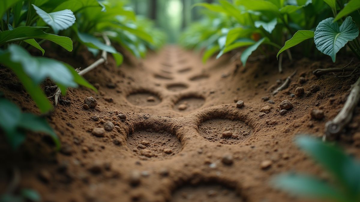 Pegadas de dinossauros na terra cercadas por folhagem da selva.