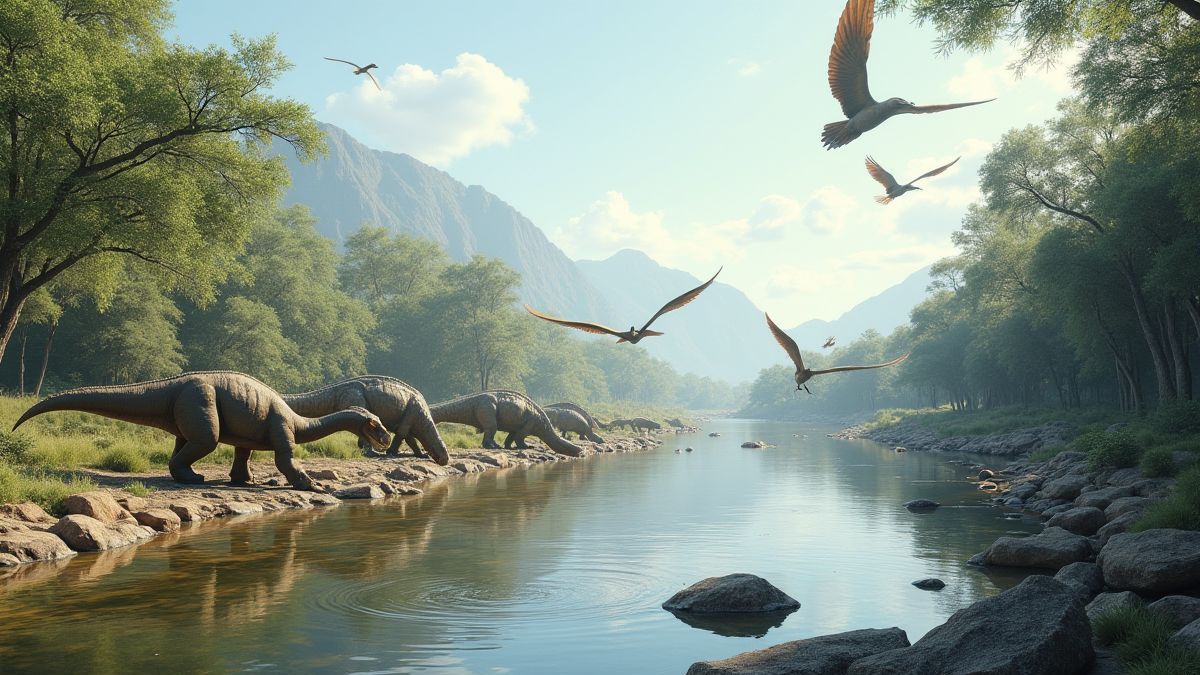 Um rio pré-histórico onde os dinossauros bebem água e pássaros antigos voam.