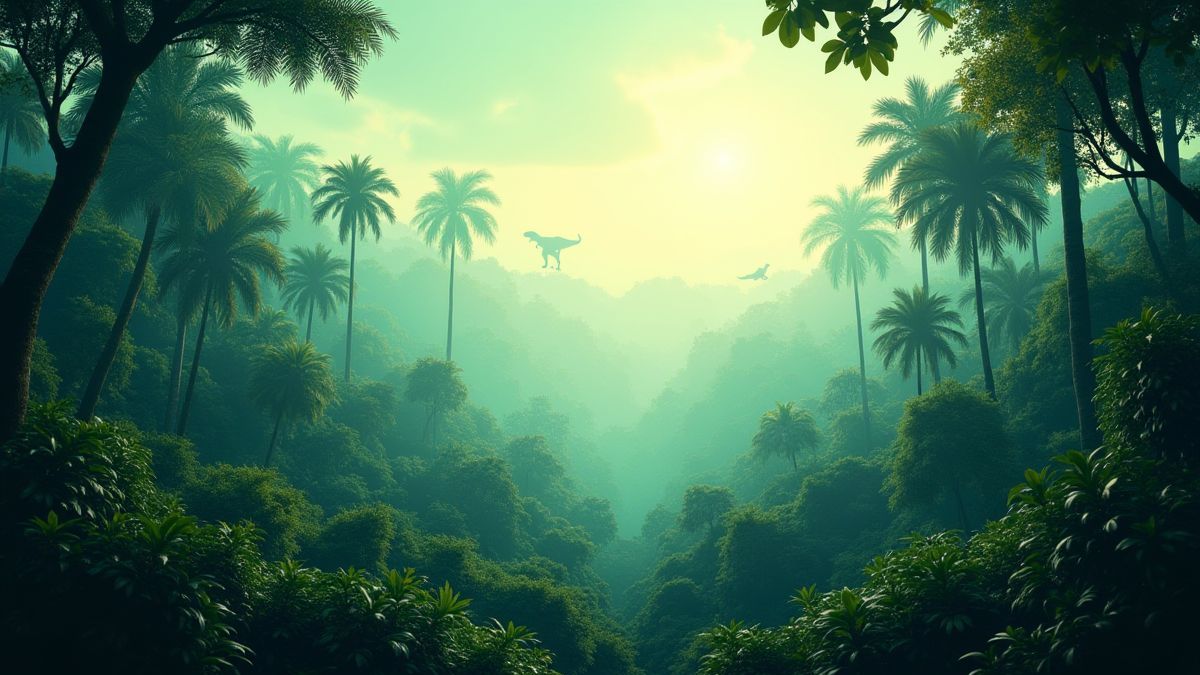 Feuillage luxuriant de jungle avec des silhouettes de dinosaures au loin.