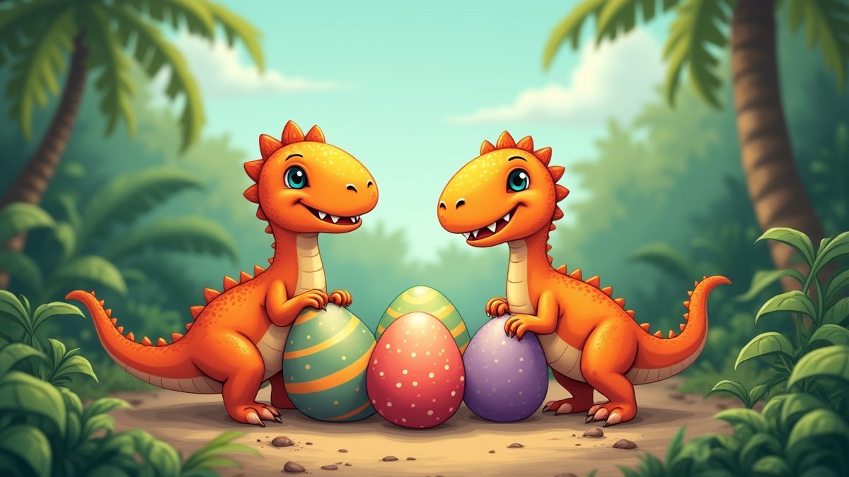 Baby-Dinosaurier, die aus bunten Eiern in einem prähistorischen Dschungel schlüpfen.