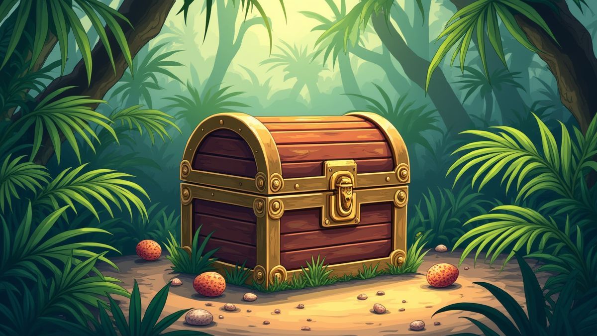 Eine Schatzkiste inmitten von prähistorischen Dschungelpflanzen und Dinosaurier-Eiern.