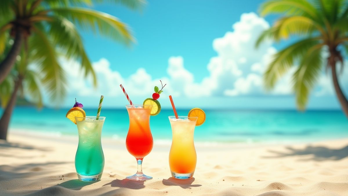 Kleurige cocktails op een tropisch strand omringd door palmbomen.