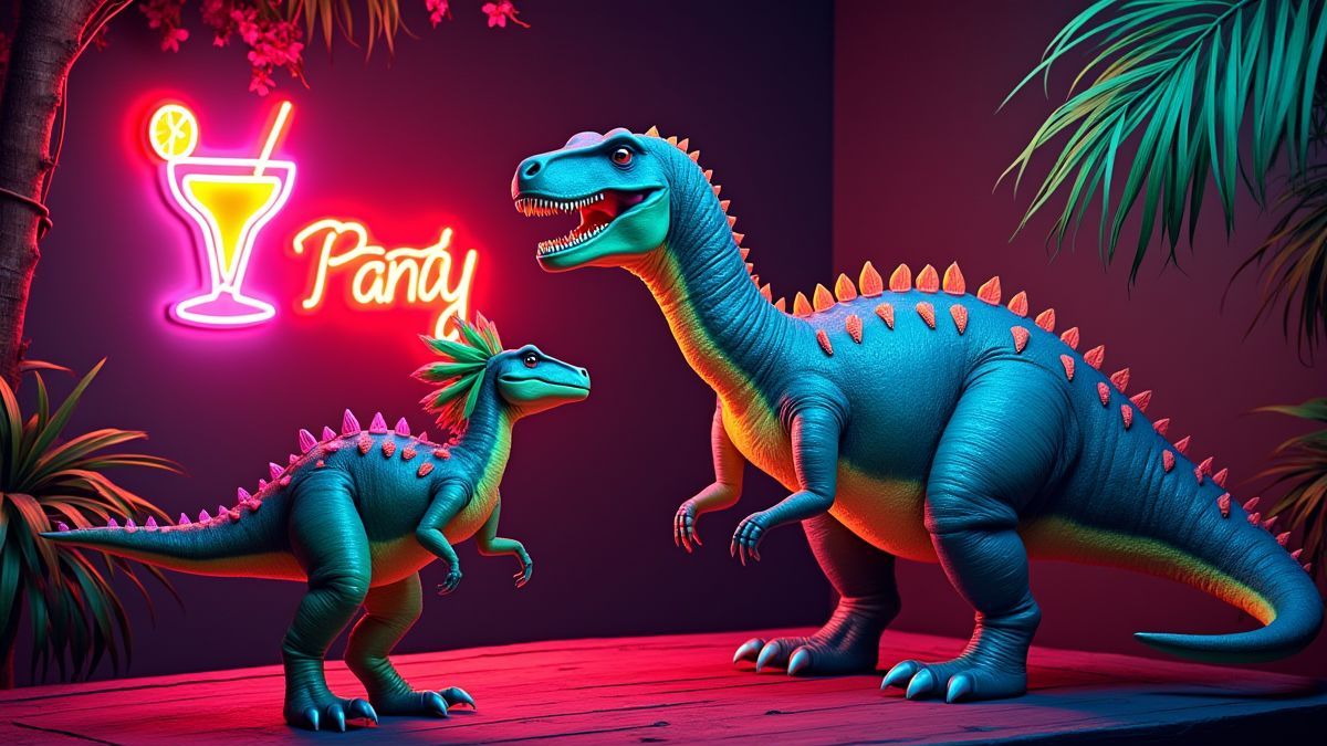 Neonborden en dinosaurussen die dansen met tropische cocktails.