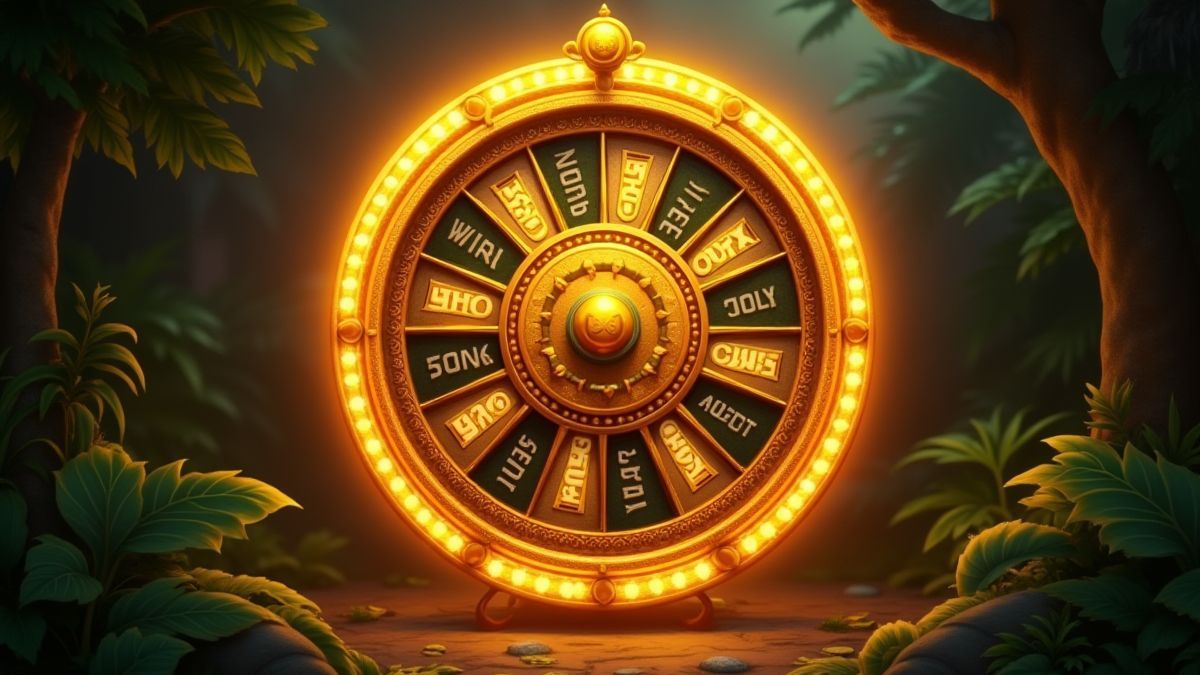 Ein glänzendes goldenes Rad mit unterschiedlichen Jackpot-Stufen in einer prähistorischen Dschungelumgebung.