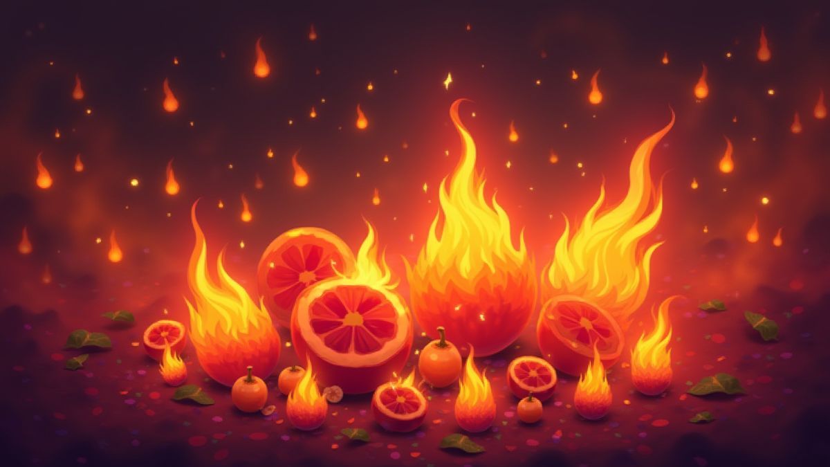 Frutas brillantes y llamas en tonos cálidos.