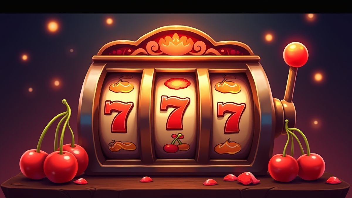 Máquina tragamonedas clásica con cerezas y números siete iluminados.