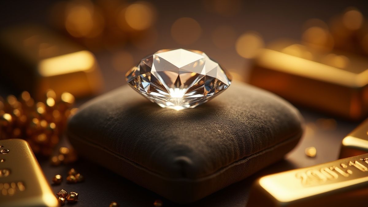 Diamant schitterend op fluwelen kussen omringd door goudstaven.