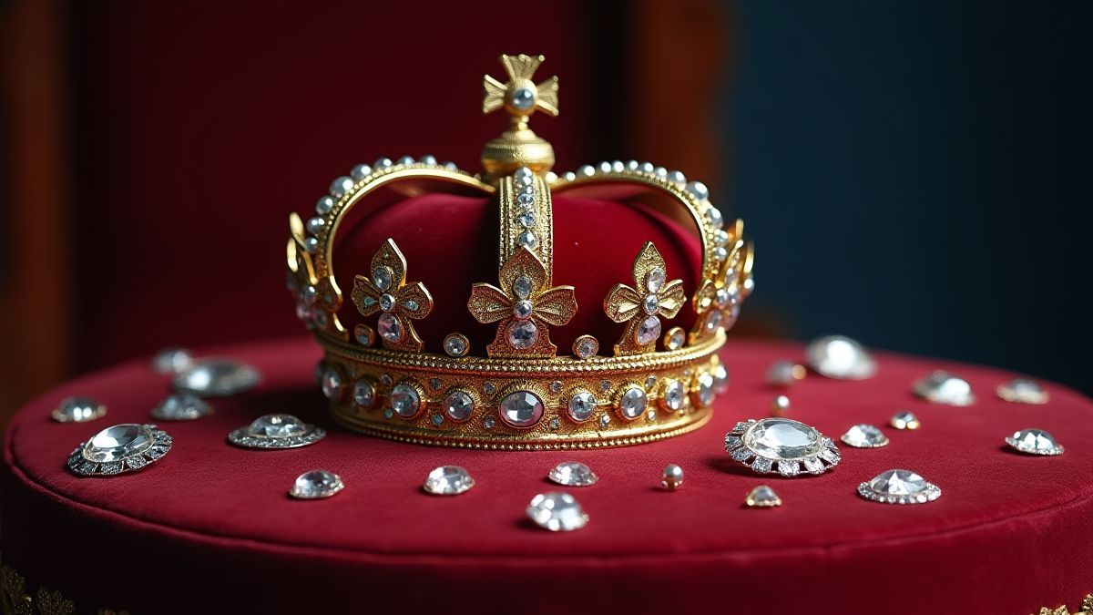 Koninklijke kroon op fluwelen kussen omringd door fonkelende juwelen.