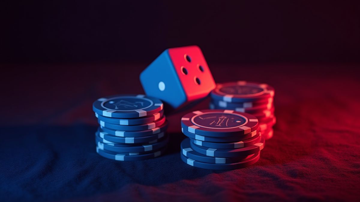 Dados e fichas de pôquer iluminados com luzes de néon