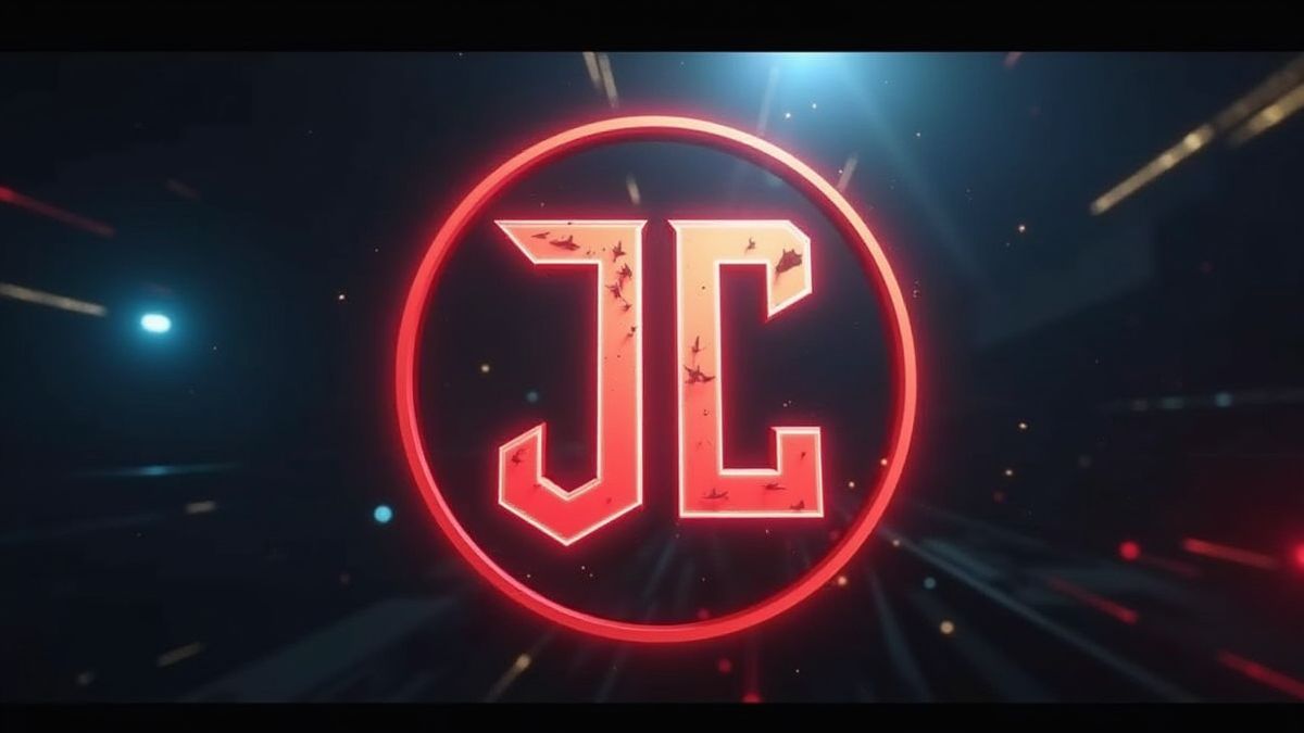 Logo brillant de la Ligue de la Justice dans un fond futuriste.