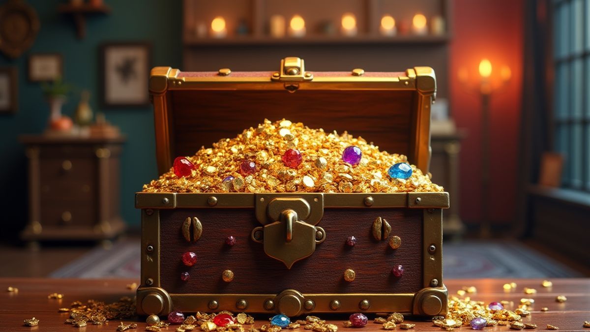 Coffre au trésor débordant d'or et de gemmes dans une salle sur le thème des super-héros.