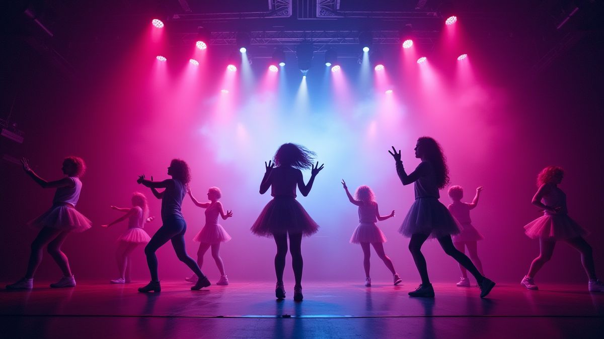 Stage lit with neon lights and dancers performing.