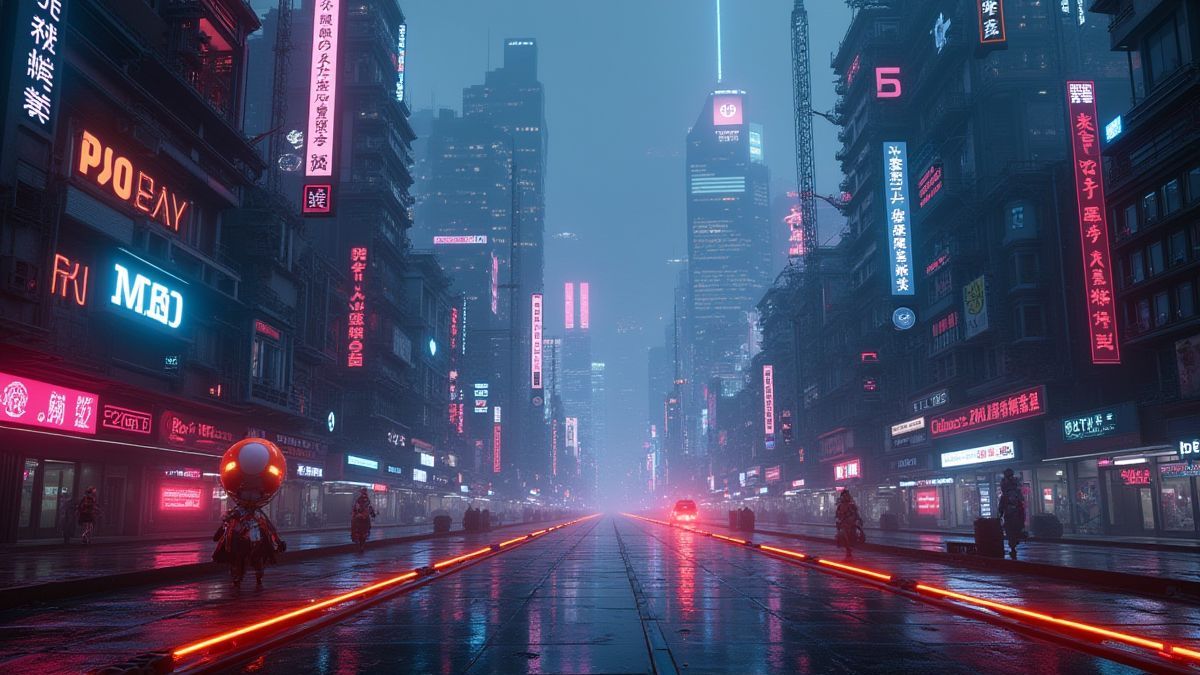 Futuristische stad met neonlichten en robotachtige elementen