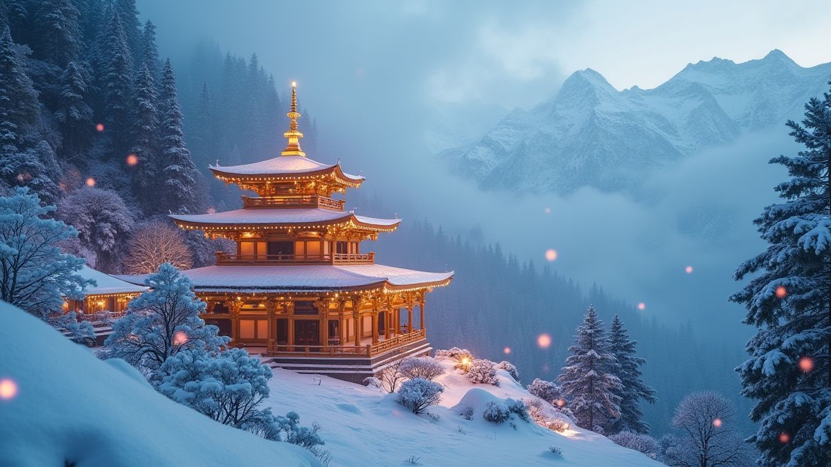 Himalaya-Tempel umgeben von Schnee und leuchtenden Orbs.