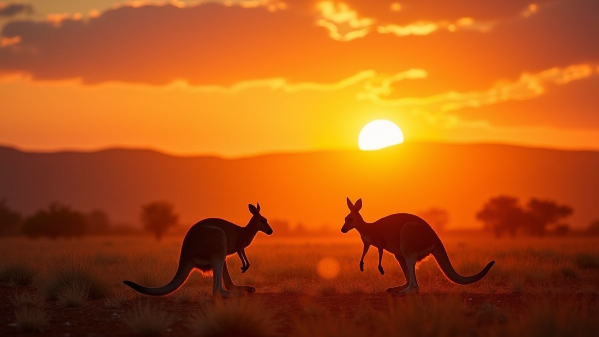 Landscape of the Australian Outback at sunset with kangaroos.